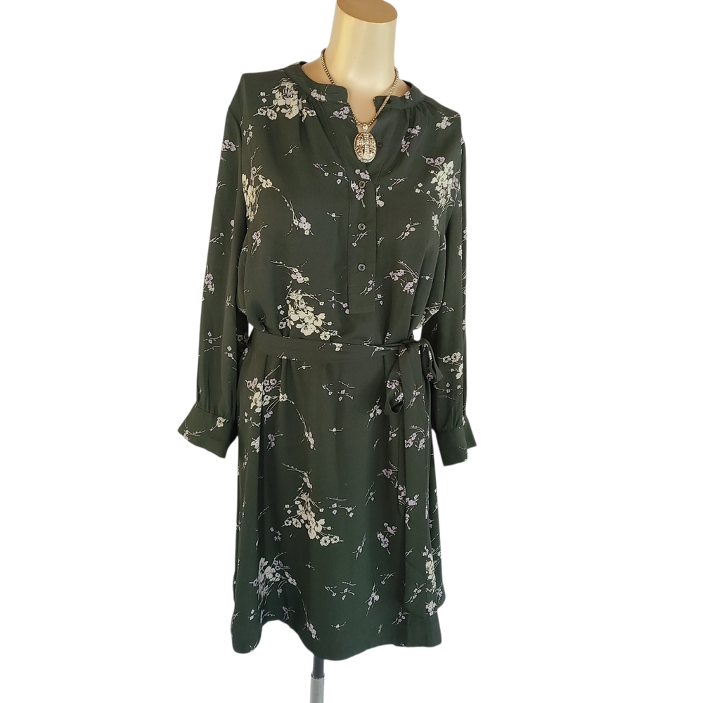 GAP Dark Green Floral Tie-Waist Long Sleeve Dress